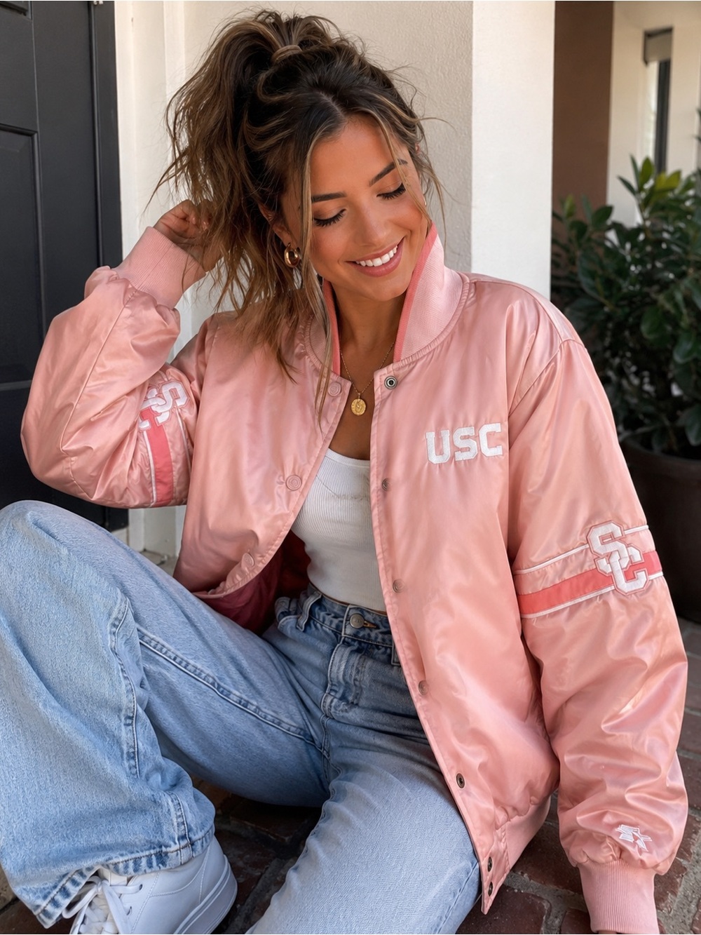 Vintage Starter USC Trojans Pink Satin Bomber Jacket Women’s Sz XL Y2K